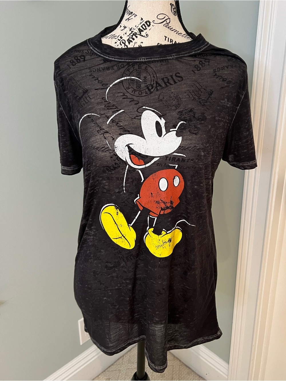 Disney Mickey Mouse Black T-shirt |sheer distressed burnout fabric | S |Like New